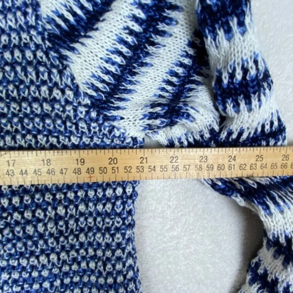 Talbots Womens Blue & Cream Striped Knit Cardigan Sweater With Fringe Hem Size M